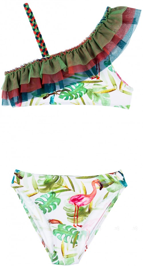 J V Jos Var N Girls Green Tropical Print Bikini Tulle Ruffles