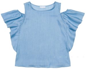 BLUSA NIÑA CHAMBRAY HOMBRO DESCUBIERTO VOLANTE AZUL