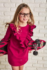 Vestido Niña Algodón Cuello Volante Pico Granate Colección Grecia de Monkids