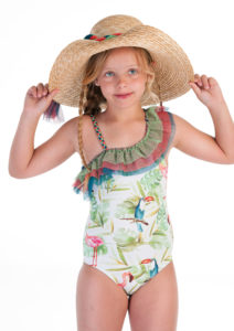 Bañador Niña Estampado Tropical Verde & Triple Volante Tul de José Varón