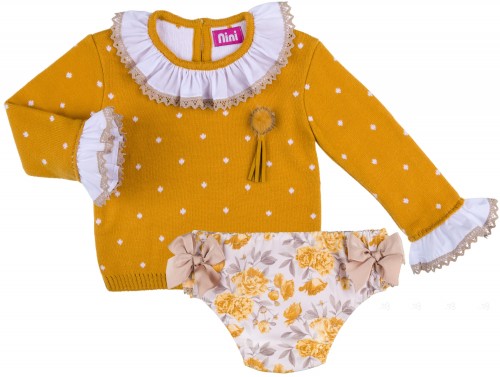 Nini Moda Infantil Conjunto Bebé Niña Jersey Punto & Braguita Floral Mostaza