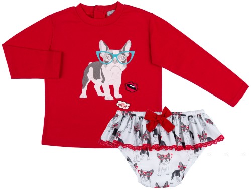 Mon Petit Bonbon Conjunto Niña Sudadera Frenchie & Braguita Volante Rojo