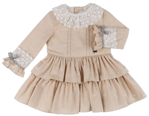 Dolce Petit Vestido Algodón Cuello Encaje & Volantes Beige Tostado