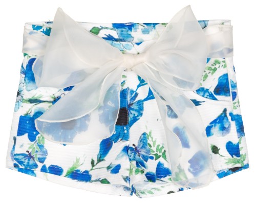 Short Niña Estampado Floral Azul Cinturón Organza