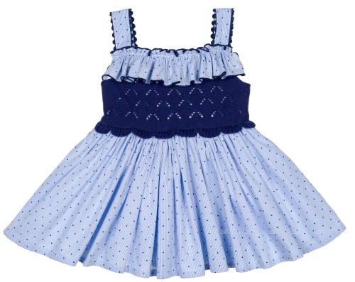 Marané Vestido Niña Combinado Topitos Rayas Azul