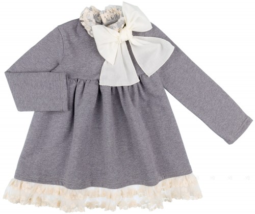 MonKids Vestido Niña Gris & Volante Encaje Crudo Colección Verona