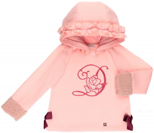 Dolce Petit Sudadera Niña Rosa Bordada con Capucha Volantes Rosa Palo