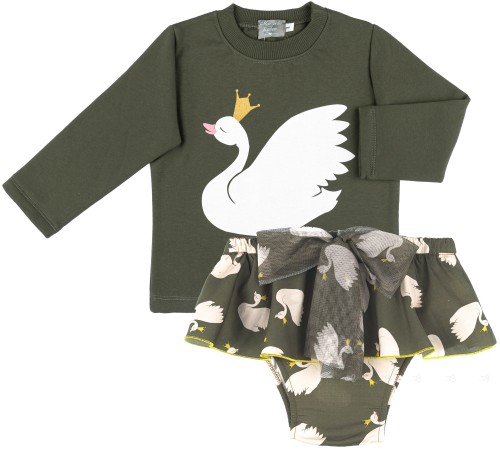 Mon Petit Bonbon Conjunto Niña Sudadera Verde Militar & Braguita Volante Cisnes