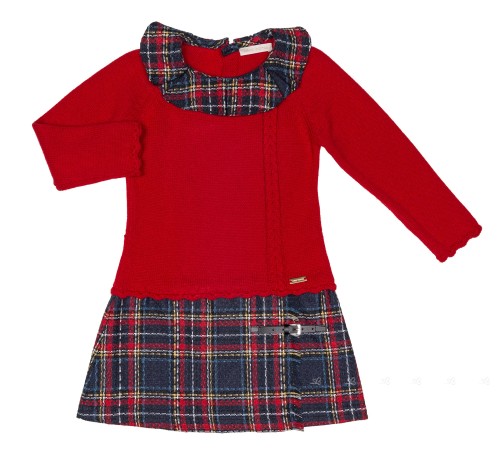 Vestido Punto Rojo Cuello Volante & Falda Tweed Cuadros