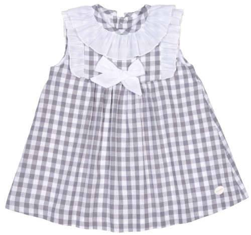 Cocote Vestido Niña Cuadros Vichy Gris Cuello Volante