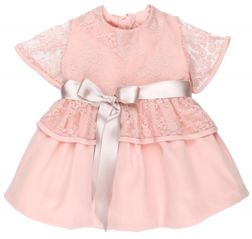 Nekenia Vestido Niña en Blonda Floral Rosa con Lazo Raso Beige