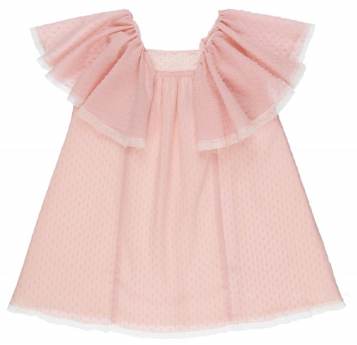 Mon Petit Bonbon Vestido Niña Plumeti Rosa Empolvado & Mangas Mariposa