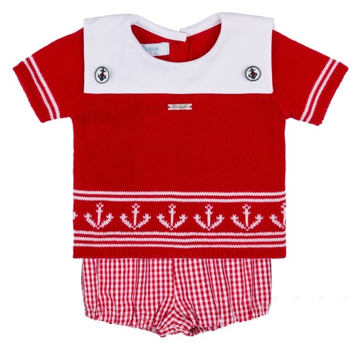 Foque Conjunto Marinero Bebé Niño Camiseta Punto & Bombacho Vichy Rojo