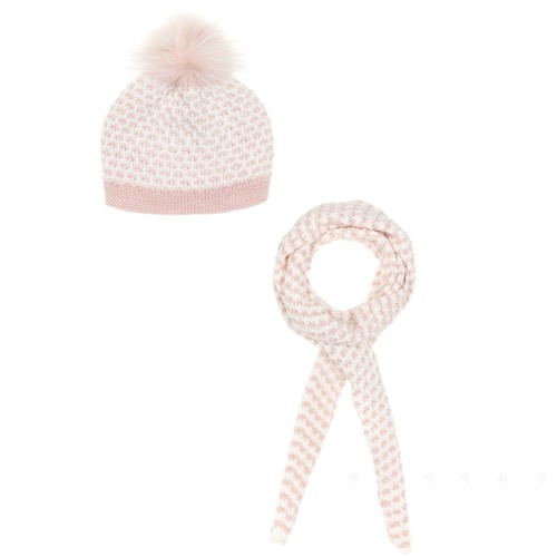 Conjunto Gorro Pompón Pelo Removible & Bufanda Rosa Palo