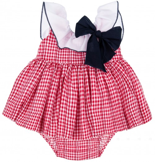 Lappepa Moda Infantil Conjunto Niña 2 Piezas Vestido Vichy Rojo & Braguita Doble Volante 