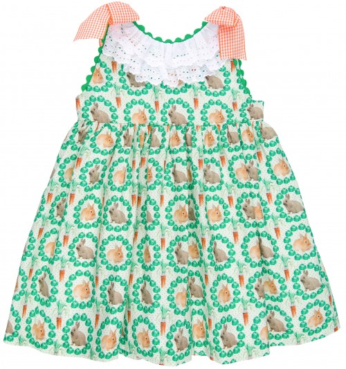 Nini Moda Infantil Vestido Conejos Verde & Lazos Vichy Naranja