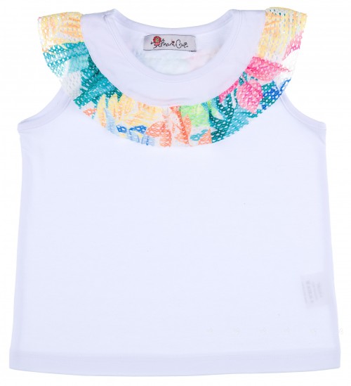 Maricruz Moda Infantil Camiseta Niña Blanca & Cuello Volante Perforado Multicolor