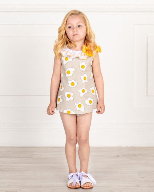 Baby Girls Yellow & Beige Fried Eggs 2 Piece Shorts Set & Beige & White Glitter Sandals Outfit