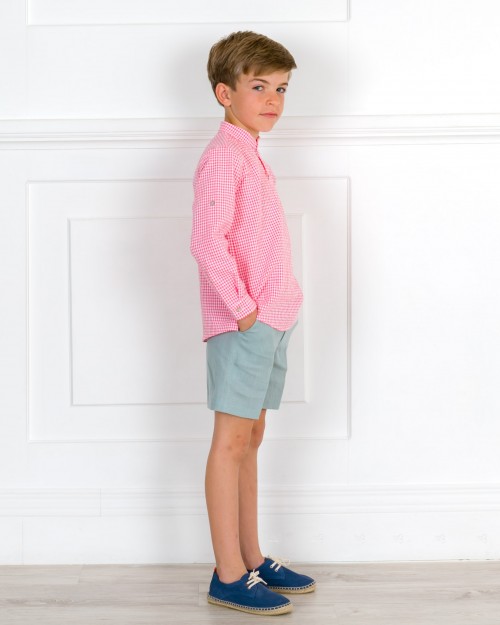 Outfit Niño Conjunto Camisa Vichy Coral & Short Lino Verde & Alpargatas Cordones Piel Azul