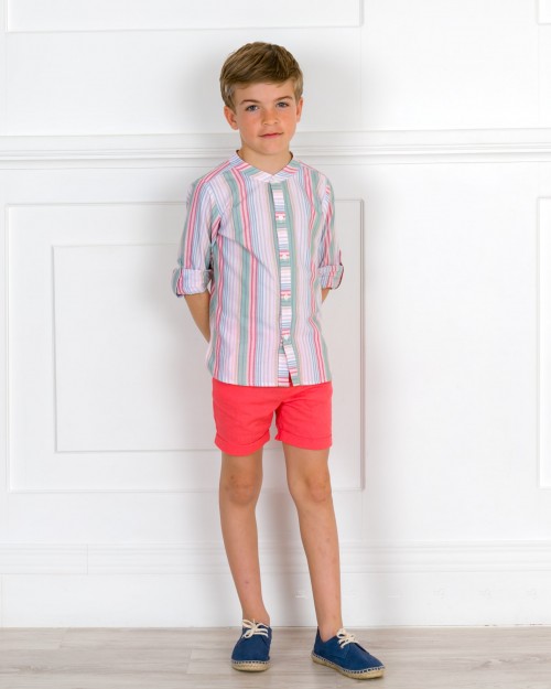 Outfit Niño Conjunto Lino Camisa Rayas & Short Coral & Alpargatas Cordones Piel Azul