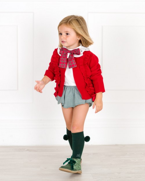 Outfit Bebé Blusa Crudo & Braguita Volante Pata de Gallo Verde & Chaqueta Punto