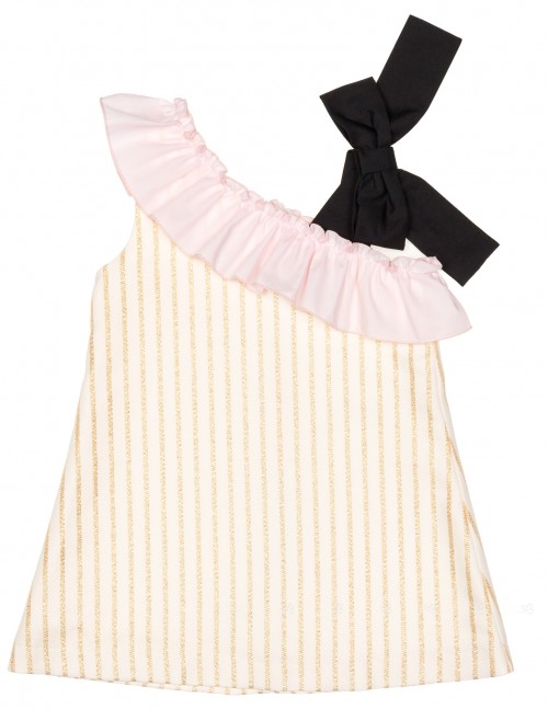Mon Petit Bonbon Vestido Niña Evasé Cuello Volante Asimétrico Rayas Doradas 