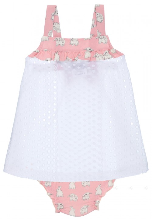 Maricruz Moda Infantil Conjunto Bebé Vestido Perforado Blanco & Culetín Conejitos Rosa