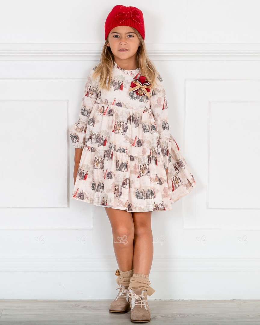 Outfit Niña Vestido Estampado Toile de Jouy Piedra \u0026 Rojo \u0026 Botines Piel  Serraje Visón | Missbaby