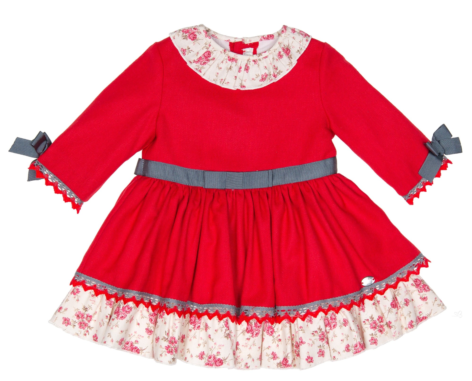 Dolce Petit.Vestido Cuerpo Rojo & Falda Volantes Floral |