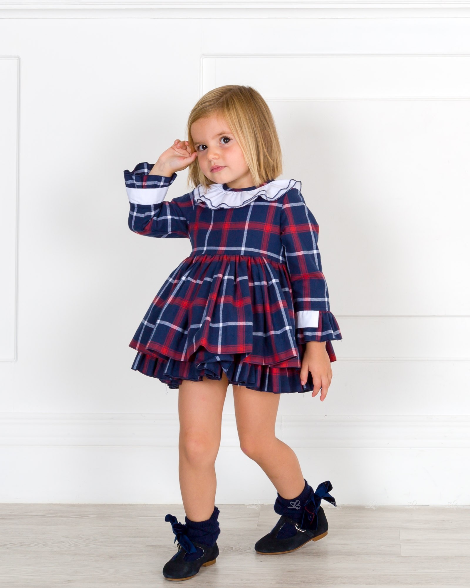 Lappepa Moda Infantil Vestido Nina Cuello Volante Cuadros Marino Granate Missbaby