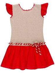Vestido Niña Combinado Punto Beige & Perforado Rojo