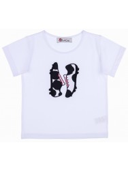 Camiseta Niño Blanca con Bordado Botas Fútbol Estampado Cebra