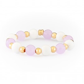 Pulsera Oro Niña Elástica con Ágatas Blancas & Jades Morados