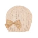 Gorro Punto Adorno Flor Beige & Lazo Dorado 