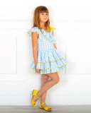 Nini Moda Infantil Vestido Niña Vichy Azul Celeste con Volante Cuello Asimétrico & Lazo Amarillo