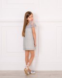 Vestido Niña Gasa Gris Evasé Mangas Encaje Gris