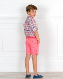 Outfit Niño Conjunto Camisa Cuadros & Short con Cinturón Coral & Alpargatas Cordones Piel Azul