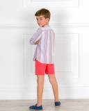 Outfit Niño Conjunto Lino Camisa Rayas & Short Coral & Alpargatas Cordones Piel Azul
