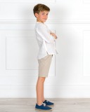 Outfit Niño Conjunto Camisa Lino Blanco & Short Beige & Alpargatas Cordones Azul