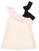Mon Petit Bonbon Vestido Niña Evasé Cuello Volante Asimétrico Rayas Doradas 