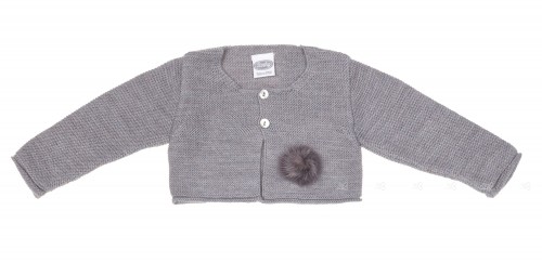 Baby Gray Knitted Cardigan With Pom-Pom