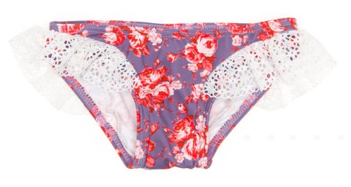 Plum Floral Bikini Bottoms with White Lace 