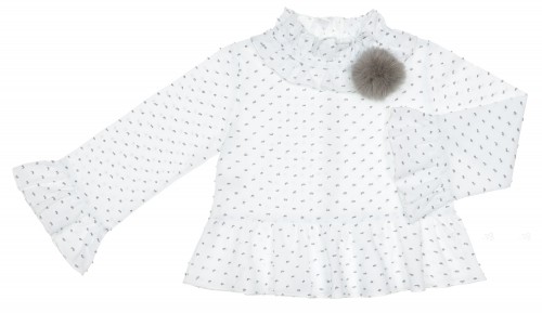 Girls White & Gray Polka Dot Ruffle Blouse with Pom-Pom 