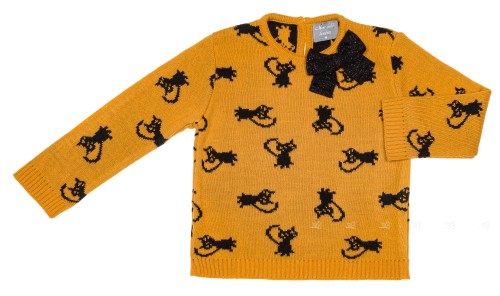 Girls Mustard & Black Cat Print Knitted Sweater