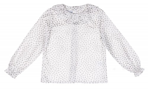 Girls White Blouse & Gray Glitter Polka Dots With Ruffle Collar