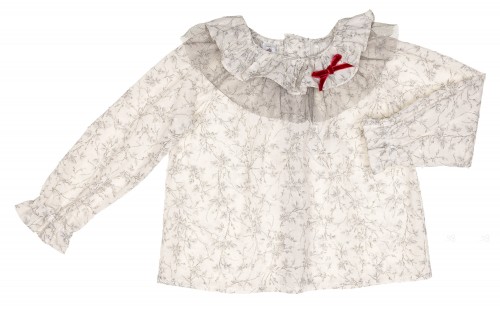 Girls Gray & Ivory Floral Print Blouse with Burgundy Bow