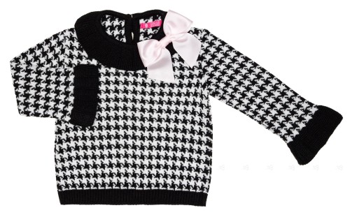 Black & White Houndstooth Sweater With Ruffle Collar & Pink Bow