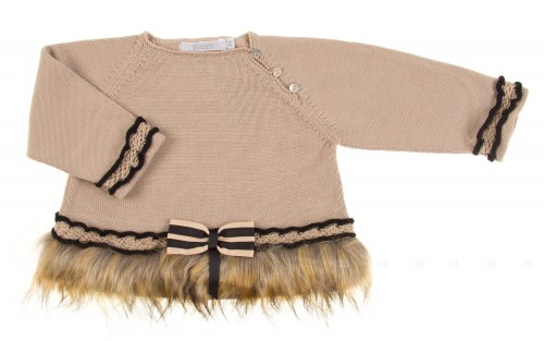 Beige Knitted Sweater with Faux Fur Hem