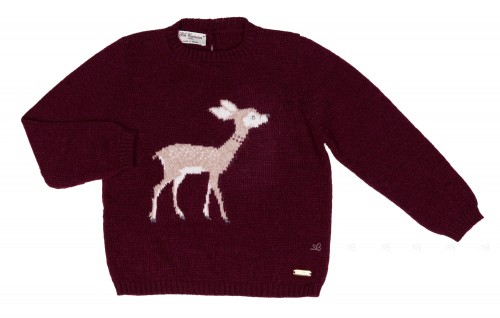 Girls Burgundy Deer Knitted Wool Sweater 