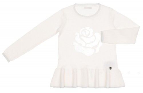 Girls Ivory Sweater with Ruffle Hem & Silver Rose